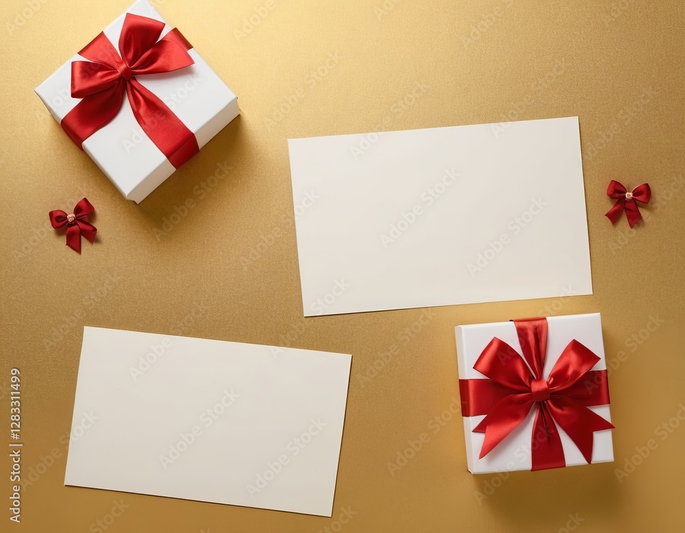 Elegant white gifts with red ribbons on a shimmering gold background, perfect for any celebration. Elegant white gifts with red ribbons on a shimmering gold background, perfect for any celebration.