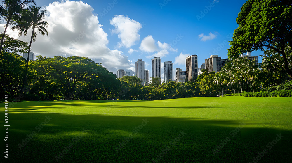 A wide, grassy field is surrounded by trees, with city buildings in the background under a blue sky and white clouds
A wide, grassy field is surrounded by trees, with city buildings in the background under a blue sky and white clouds
