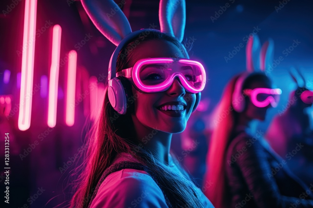custom made wallpaper toronto digitalColorful Easter celebration with people wearing bunny ears and glowing accessories during an energetic spring party