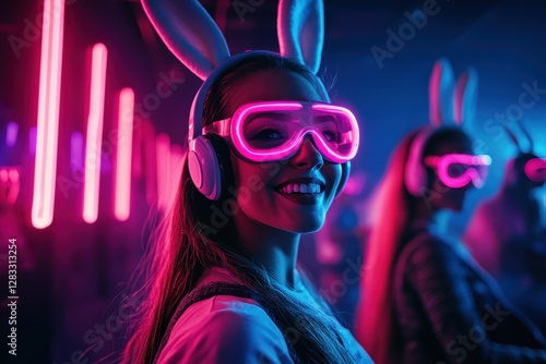 Colorful Easter celebration with people wearing bunny ears and glowing accessories during an energetic spring party