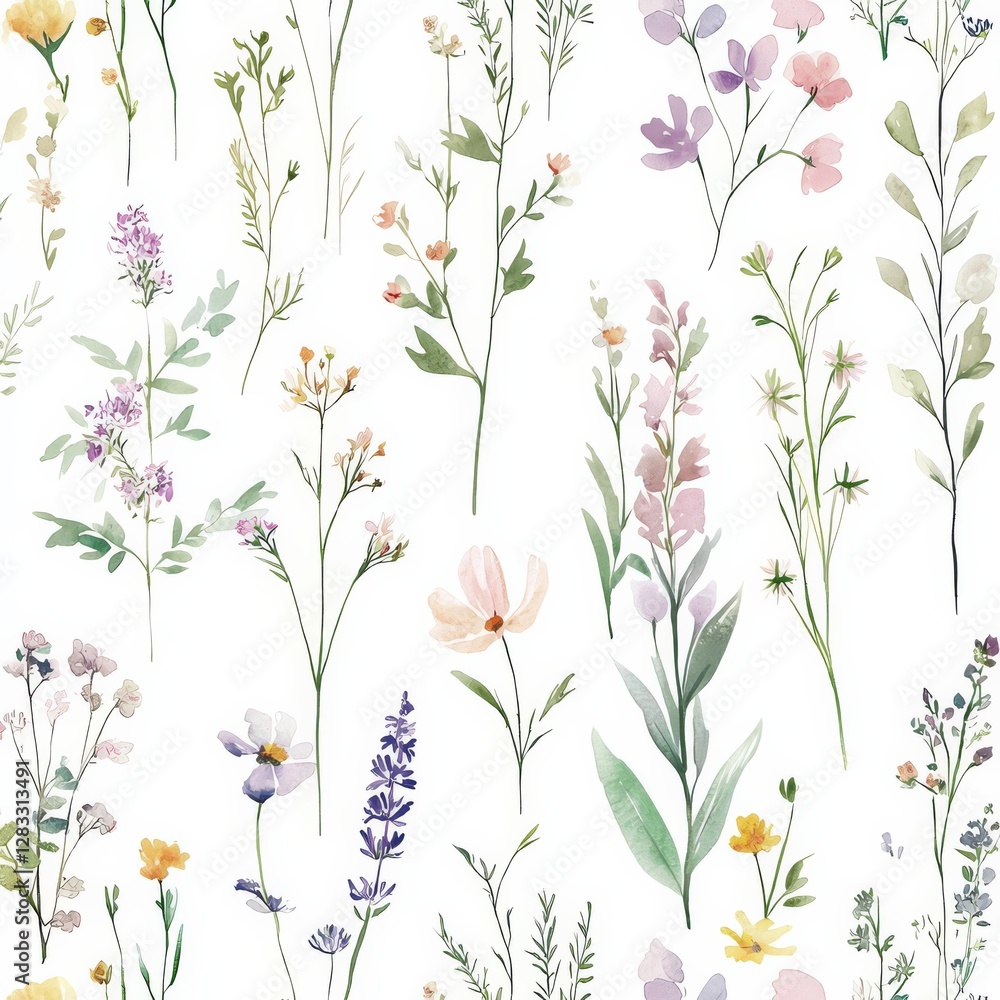 Floral Garden: Captivating arrangement of botanical elements, with delicate watercolor flowers arranged against an isolated canvas, evoking the delicate beauty and tranquility of nature. Floral Garden: Captivating arrangement of botanical elements, with delicate watercolor flowers arranged against an isolated canvas, evoking the delicate beauty and tranquility of nature.