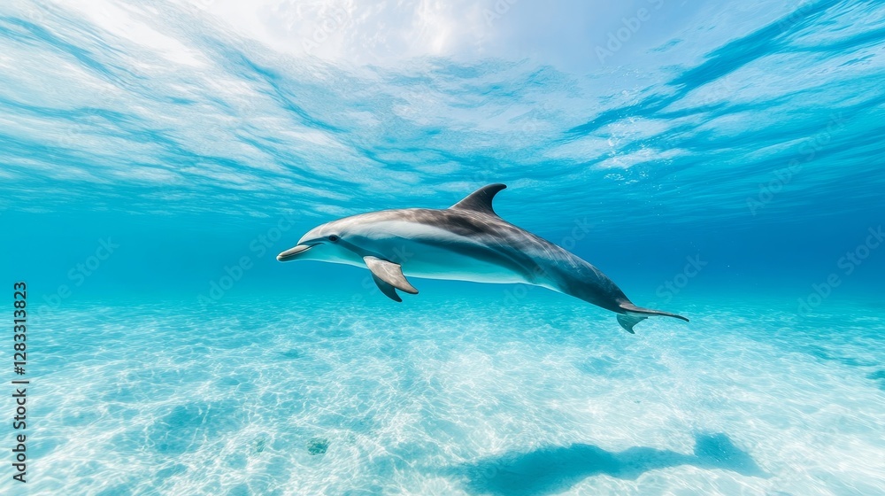 Graceful Dolphin Swimming Through Clear Blue Ocean Water Graceful Dolphin Swimming Through Clear Blue Ocean Water