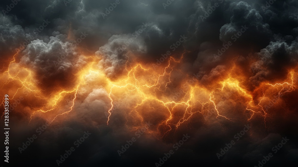Fototapeta premium Dramatic Lightning Strikes Through Dark Storm Clouds at Dusk
