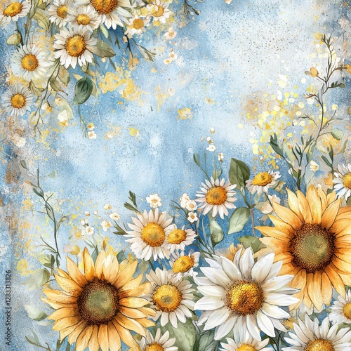 Sunflower and Daisy Watercolor: An artistic depiction of sunflowers and daisies, rendered in vibrant watercolor against a light blue backdrop. Celebrating the beauty of floral diversity