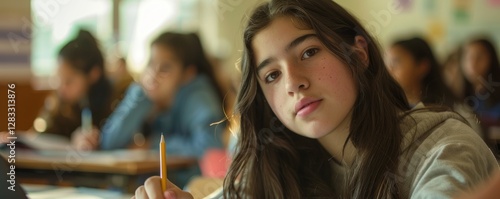 A high school student is taking an exam in the classroom, holding a pencil and paper with blurred students sitting behind her at their desks