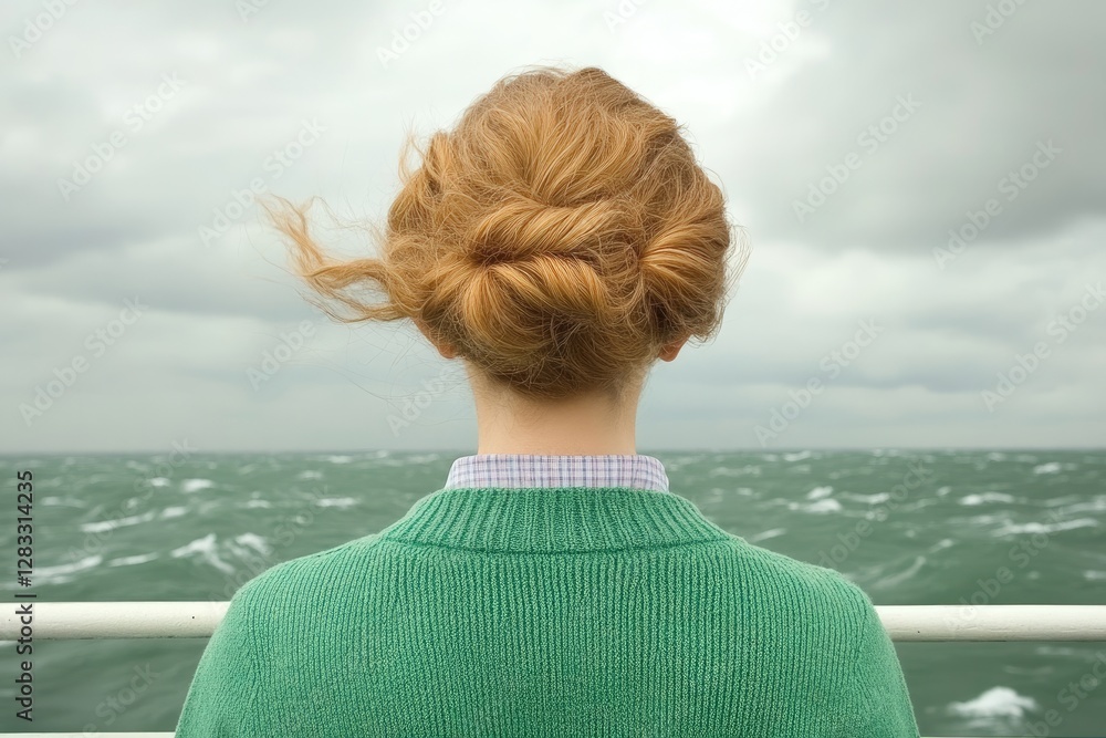 Fototapeta premium Woman with Red Hair in Green Sweater Observing Ocean Waves from Ship Deck on a Cloudy Day