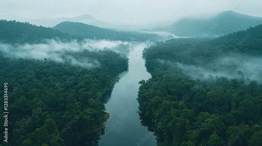 Misty River Valley Through Lush Rainforest Misty River Valley Through Lush Rainforest