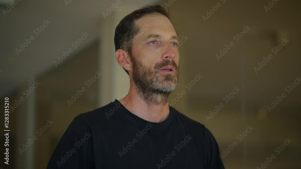A candid portrait capturing the essence of a pensive man in a minimalist interior setting A candid portrait capturing the essence of a pensive man in a minimalist interior setting