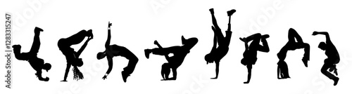 Silhouettes of different men, women dancers in freestyle break-dance movement. Breakdance, hip-hop , street style, sport dance poses. Vector black monochrome illustration isolated