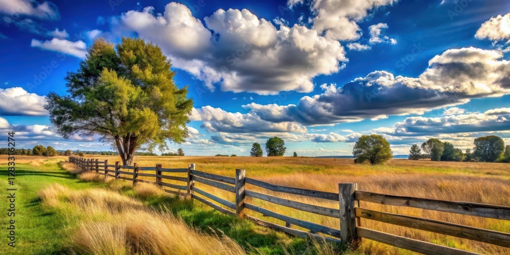 A serene rural landscape with a worn wooden fence, set against a clear blue sky with fluffy white clouds and a few scattered trees , countryside, peaceful A serene rural landscape with a worn wooden fence, set against a clear blue sky with fluffy white clouds and a few scattered trees , countryside, peaceful