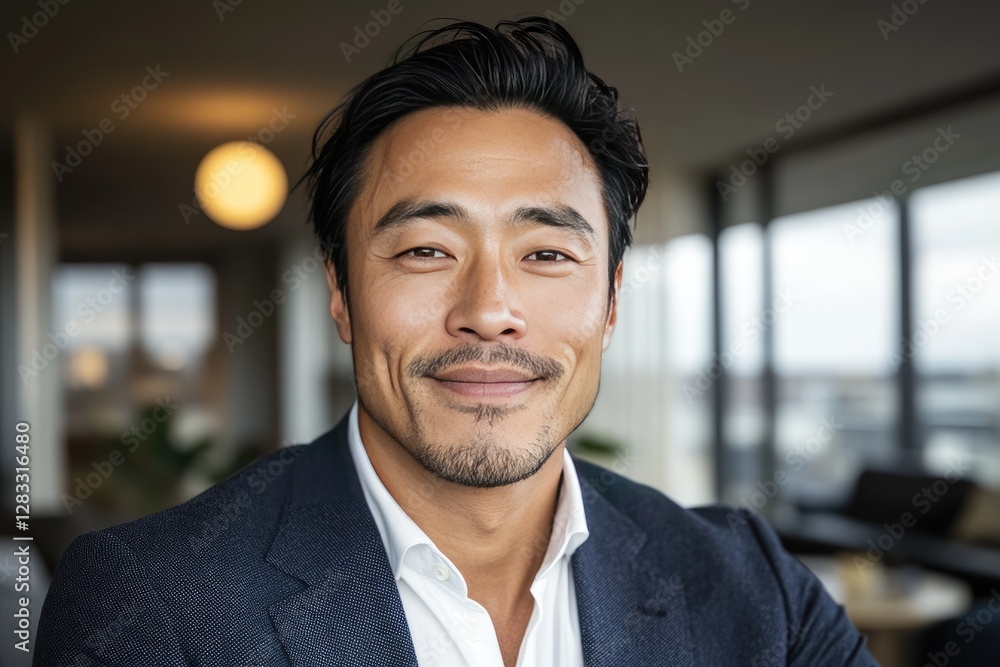 Confident Businessman Smiling in Modern Office Setting with Warm Lighting Confident Businessman Smiling in Modern Office Setting with Warm Lighting