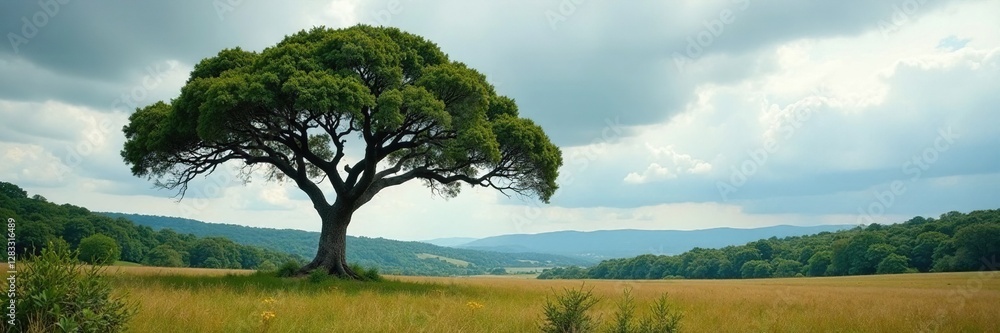 Fototapeta premium Big acacia tree dominates the cloudy landscape, cloudy sky, forest