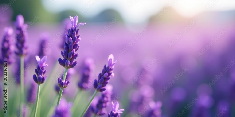 Fototapeta premium Serene Lavender Field at Dawn Close-up of Delicate Purple Blossoms Basking in Soft Sunlight, a Tranquil Pastoral Scene