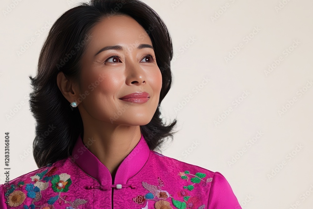 Elegant Woman in Colorful Embroidered Dress Looking Up with Hope Elegant Woman in Colorful Embroidered Dress Looking Up with Hope
