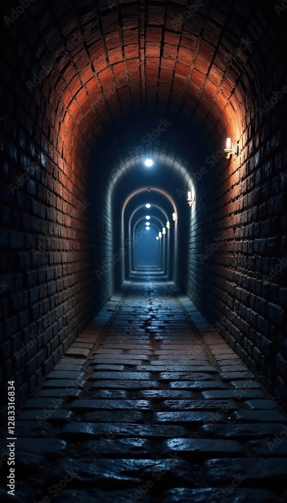 Fototapeta premium Dark tunnel walls lined with bricks stretch into darkness illuminated by dim hanging lights, abyss, depth, brick