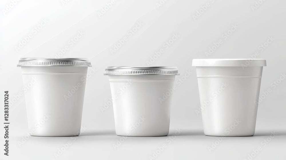 Plastic cup, container or package for yoghurt and dairy products isolated vector mockup. White jars with foil lid, oval or round tubs front and top view on transparent background, Realistic 3d mock up Plastic cup, container or package for yoghurt and dairy products isolated vector mockup. White jars with foil lid, oval or round tubs front and top view on transparent background, Realistic 3d mock up
