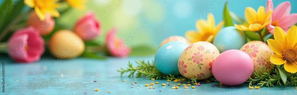 Colorful Easter Scene With Selective Focus On Top Of Easter Eggs And Colorful Spring Flowers In A Blurred Background. 00002 Colorful Easter Scene With Selective Focus On Top Of Easter Eggs And Colorful Spring Flowers In A Blurred Background. 00002