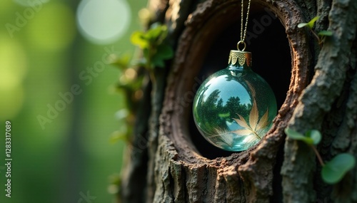 Feather and crystal ornament nestled in a tree's knothole, knotholes, nature photo