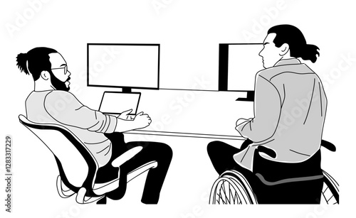 Diverse and Inclusive business concept illustration. African american and disabled guys working together in modern office sitting back view. Vector simple outline drawing Isolated