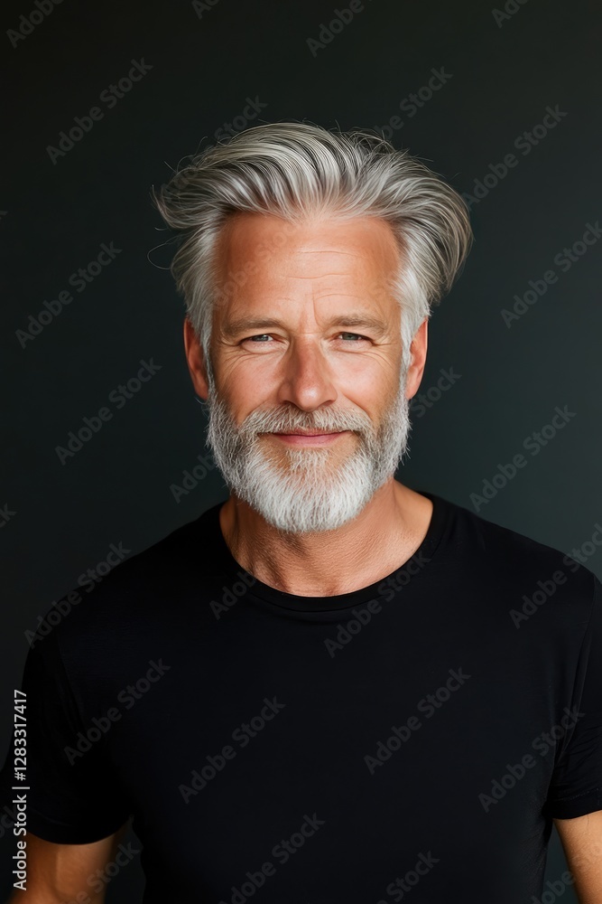 Obraz premium Portrait of a Confident Mature Man with Gray Hair and Beard in Black T-Shirt