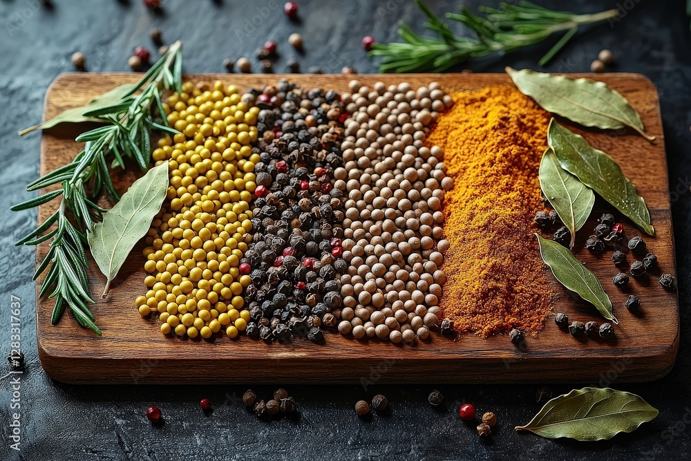 Diverse spices and aromatic herbs on rustic wooden board for culinary inspiration and flavorful cooking