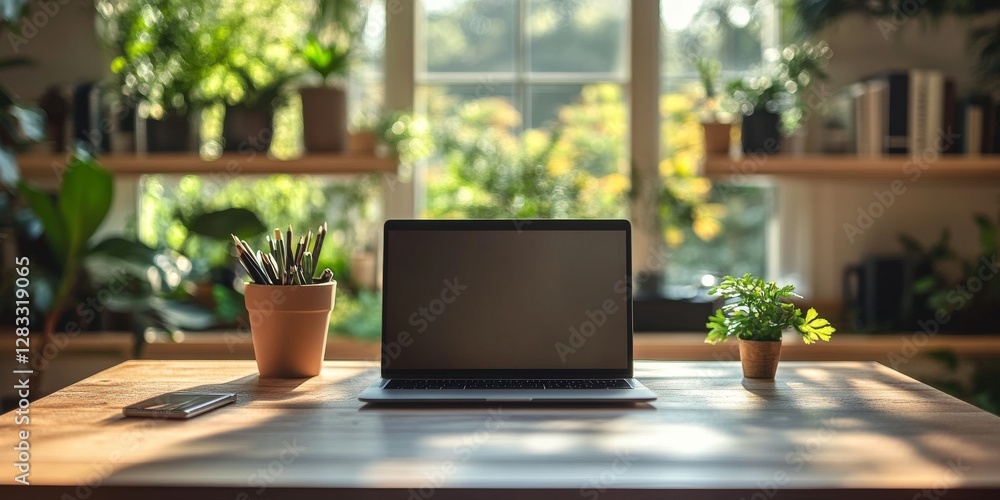 Laptop with black screen placed on wooden table in cozy home office with potted plants on shelves, ideal for remote work or freelancing Laptop with black screen placed on wooden table in cozy home office with potted plants on shelves, ideal for remote work or freelancing