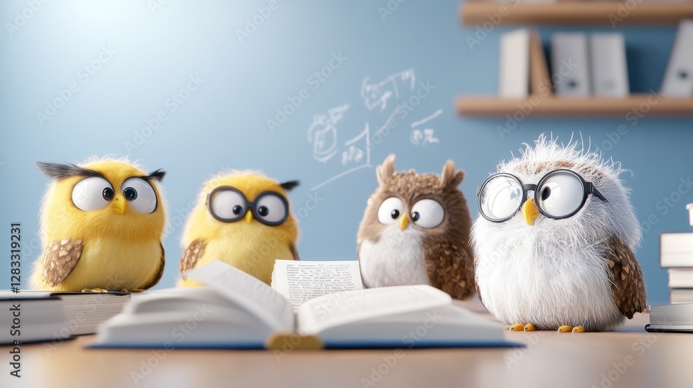 Adorable Cartoon Owls Engaged in Learning Together at Desk Adorable Cartoon Owls Engaged in Learning Together at Desk