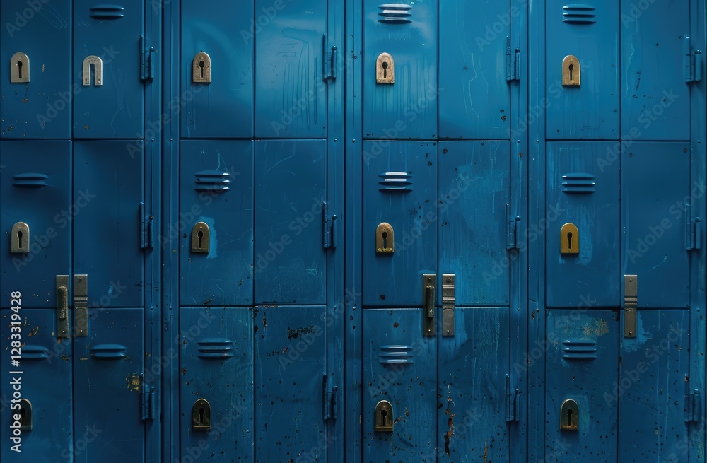 Obraz premium A wall of blue school lockers with brass locks, creating an atmosphere reminiscent of high school and college memories.