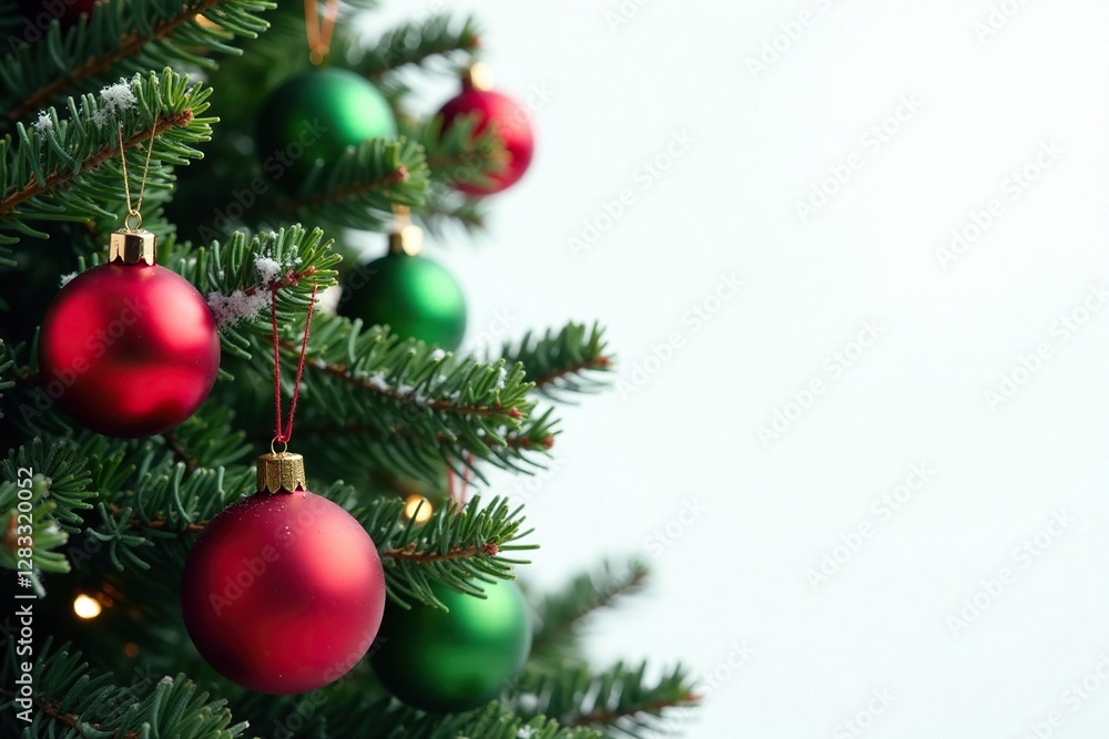 Red and green ornaments adorning an evergreen tree against a white background, greenery, snow Red and green ornaments adorning an evergreen tree against a white background, greenery, snow