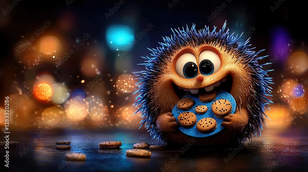 Close-up hedgehog holding plate of cookies on table with clearer background Close-up hedgehog holding plate of cookies on table with clearer background