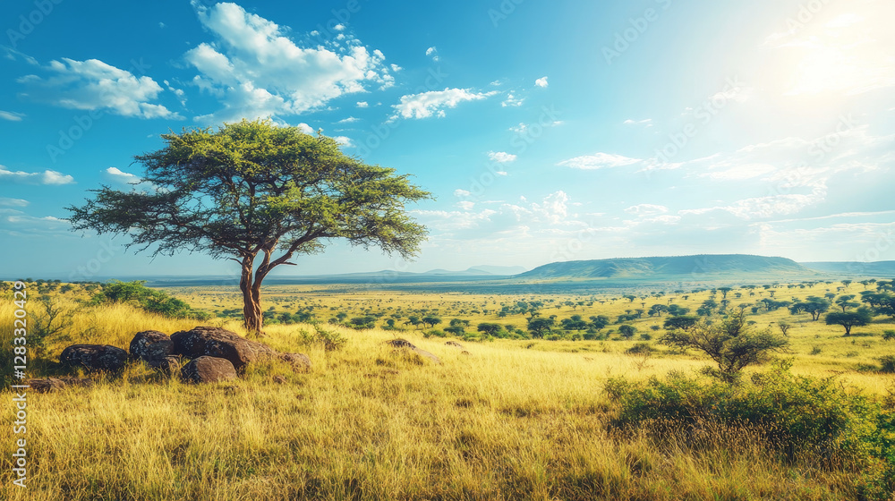 African savannah landscape, wild nature of Africa, cartoon background with green tree, rocks and plain grassland field under blue clear sky. Kenya panoramic view, parallax scene, Vector illustration African savannah landscape, wild nature of Africa, cartoon background with green tree, rocks and plain grassland field under blue clear sky. Kenya panoramic view, parallax scene, Vector illustration