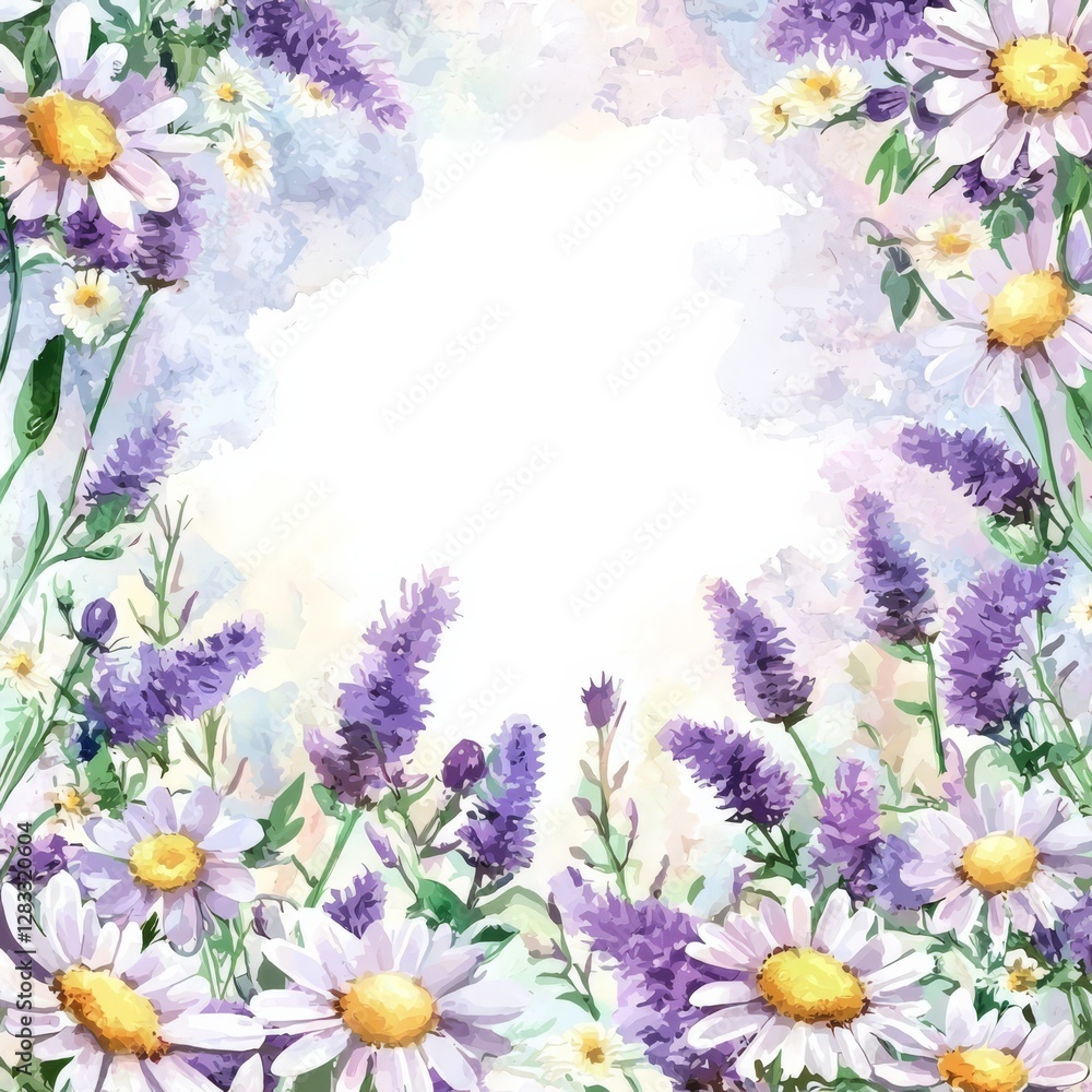 Fototapeta premium Floral Serenity: A Watercolor Bouquet: Delicate watercolor painting showcases a harmonious arrangement of lavender, daisy, and wildflowers, forming a serene and inviting floral frame.