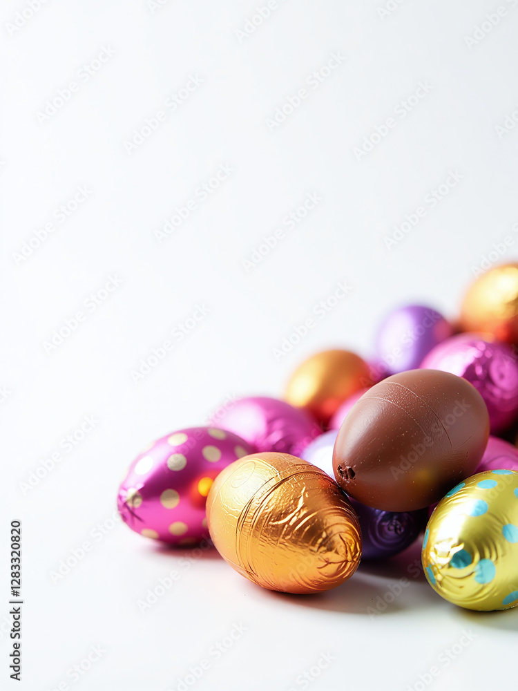 Chocolate Eggs Wrapped In Bright Foil Are Set Against A Clean White Background As Part Of A Colorful Banner Design. 00001 Chocolate Eggs Wrapped In Bright Foil Are Set Against A Clean White Background As Part Of A Colorful Banner Design. 00001