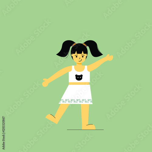 Happy Little Girl in White Outfit with Cat Print – A Cheerful Illustration of a Young Girl with Twin Ponytails, Wearing a White Shirt and Skirt, Expressing Joy and Playfulness, Perfect for Children’s 