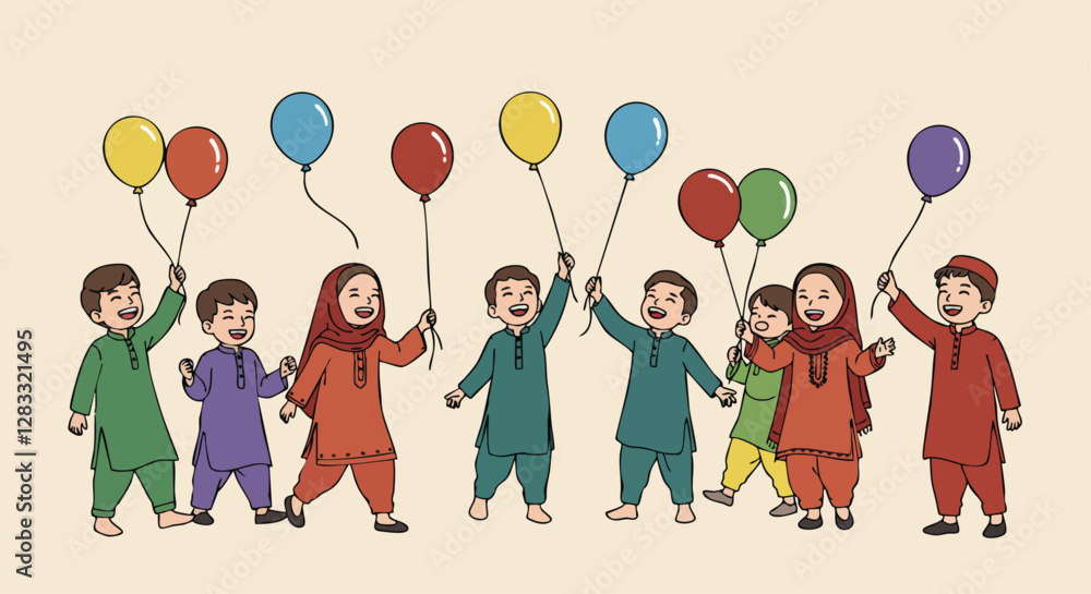 Fototapeta premium Joyful children celebrate Eid al-Fitr holding colorful balloons, dressed in traditional attire, symbolizing happiness and community spirit.