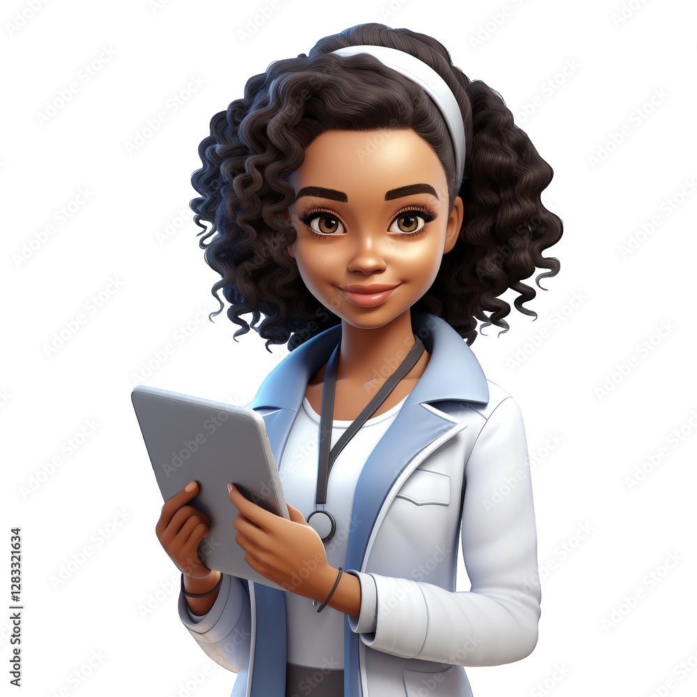 3d illustration of a female doctor with glasses and stethoscope, using a digital tablet. Transparent background emphasizes the character 3d illustration of a female doctor with glasses and stethoscope, using a digital tablet. Transparent background emphasizes the character