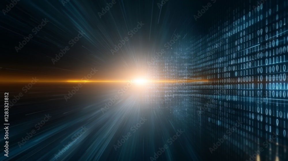 Obraz premium Futuristic Data Stream with Light Burst and Binary Code Background