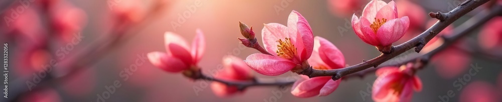 Delicate pink petals unfurl on persimmon branches, blooms, flower, buds Delicate pink petals unfurl on persimmon branches, blooms, flower, buds