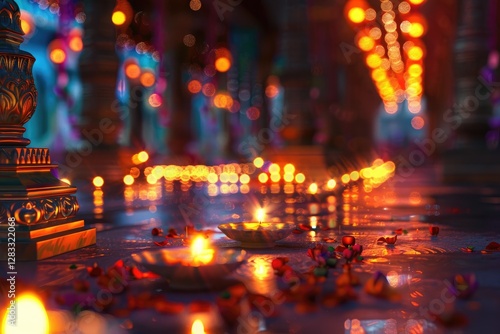 A beautiful and vibrant background of an Indian temple with many lit oil lamps on the ground, celebrating festival diwali.