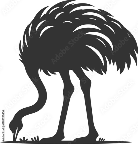 Ostrich standing with head down, pecking at the ground animal vector silhouette