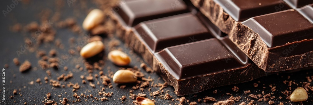Dark chocolate squares arranged on a black surface with cocoa powder and nuts scattered around. Generative AI Dark chocolate squares arranged on a black surface with cocoa powder and nuts scattered around. Generative AI