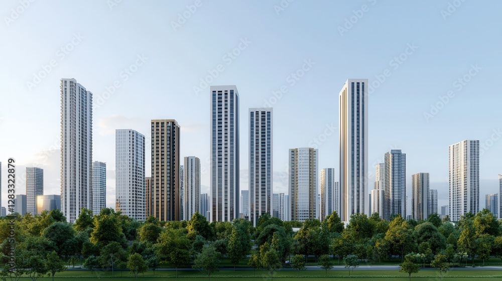 Fototapeta premium A modern city skyline with tall buildings surrounded by greenery, showcasing contemporary architecture under a clear blue sky.