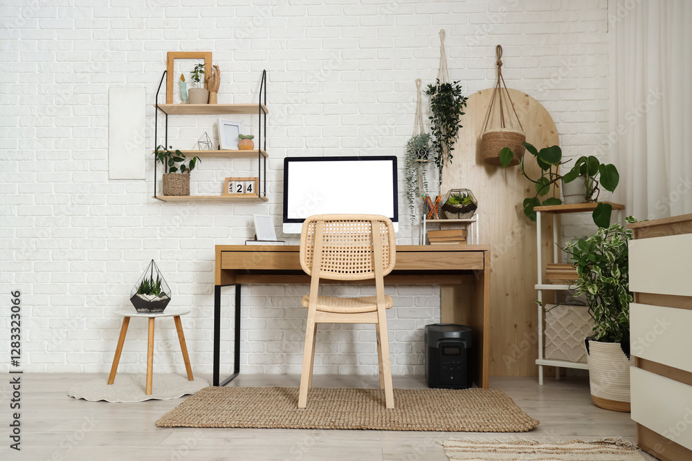 Fototapeta premium Comfortable workspace with modern computer and houseplants near white brick wall