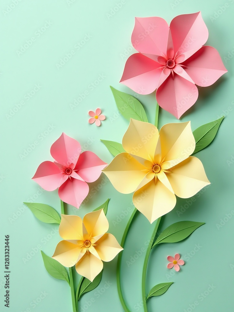 Fototapeta premium Beautiful Paper Cut Art Featuring Pink And Yellow Origami Flowers On A Soft Green Pastel Background With Springtime Design Elements. 00001