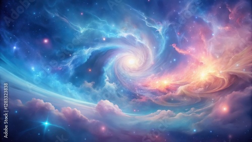 Soft pastel hues of blue and pink merge in a swirling galaxy nebula background with delicate wisps of cloud-like tendrils stretching across the sky , nebulae, cloud formation
