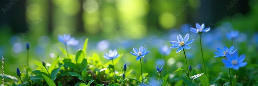 Delicate blue flowers sway gently in the breeze amidst forest undergrowth, greenery, sway, Flowers Delicate blue flowers sway gently in the breeze amidst forest undergrowth, greenery, sway, Flowers