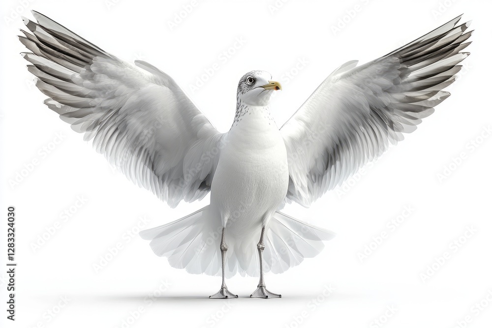 Fototapeta premium Seagull spreads its wings proudly while standing on a calm, sunny day by the shoreline