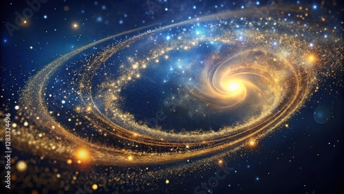 Cosmic swirls in dark blue space with golden glittering particles suspended in mid-air , abstract