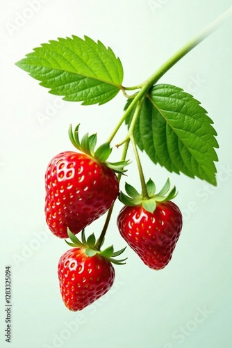 Isolated strawberry branch with leaves against light background, botanical, nature, strawberry