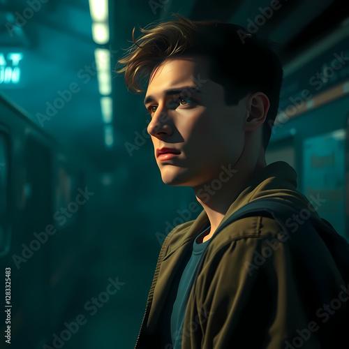 Young man awaiting his train with a thoughtful expression in a dimly lit subway station
